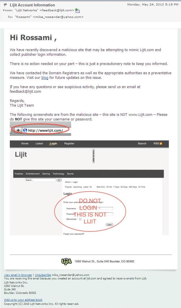 email notice from Lijit about a phishing attack using their name